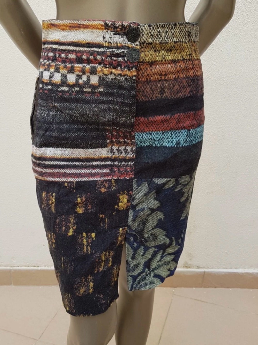 Desigual Multicolor Patchwork Pencil Skirt with Button Waist